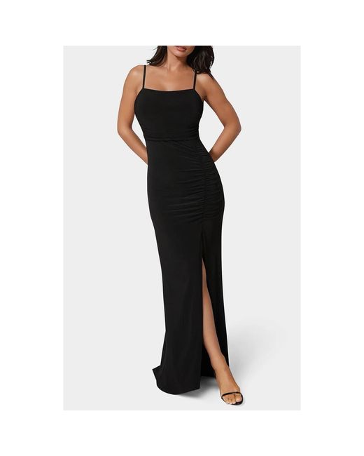Bebe Black Ruched High Slit Maxi Dress