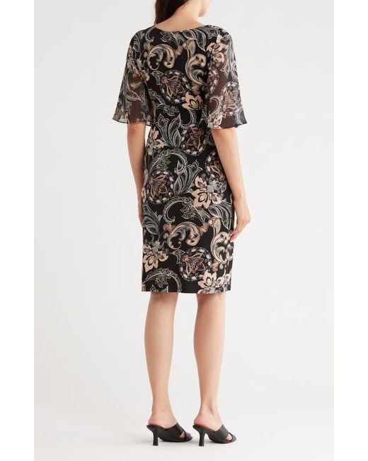 Connected Apparel Black Floral Flutter Sleeve Faux Wrap Dress
