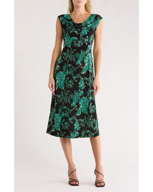 Connected Apparel Cowl Neck Floral Midi Sheath Dress in Green | Lyst