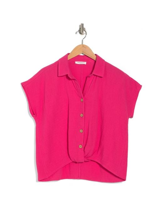 Beach Lunch Lounge Red Front Tuck Front Button Gauze Shirt