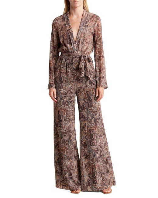 L'Agence Brown Echo Paisley Long Sleeve Jumpsuit