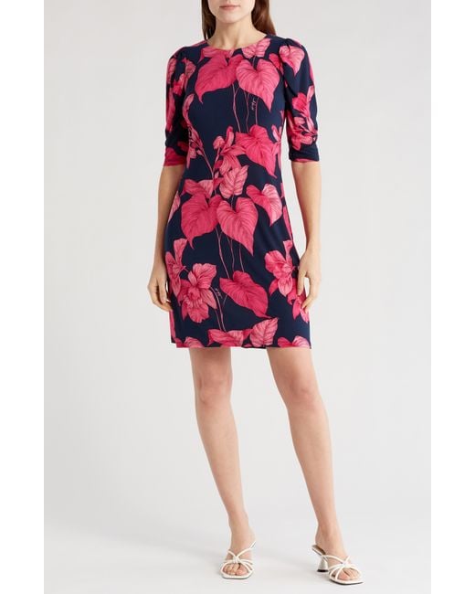 Tommy Hilfiger Red Island Orchid Jersey Ruched Sleeve Dress