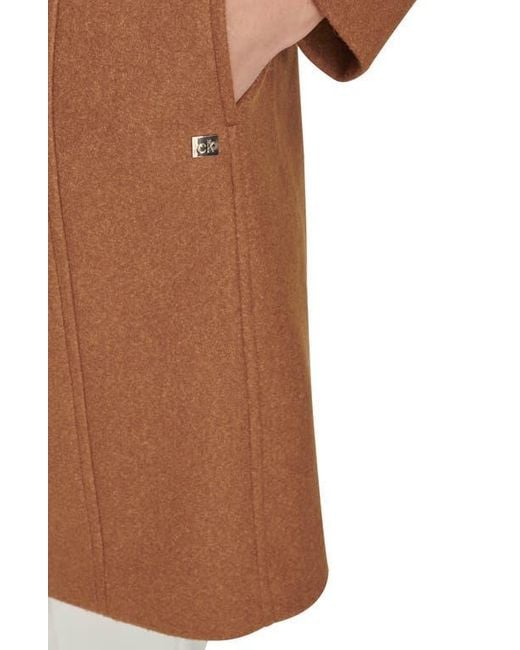 Calvin Klein Brown Faux Wool Coat – Long Button Front Dress Coat With Stand
