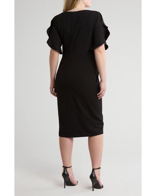 London Times Black Flutter Tulip Sleeve Midi Sheath Dress