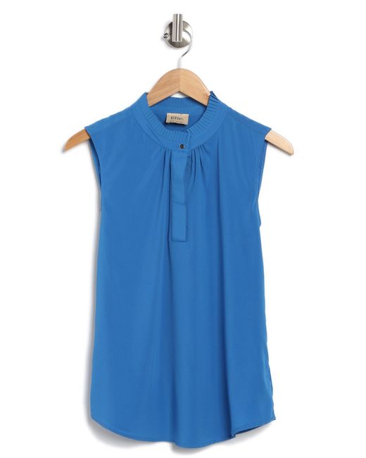 Tahari Blue Ruffle Mock Neck Sleeveless Blouse