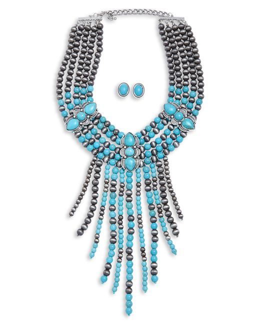 Tasha Blue Statement Fringe Collar Necklace With Stud Earrings