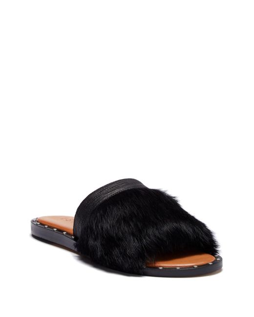 1.STATE Black Carrisma Leather & Rabbit Fur Slide Sandal