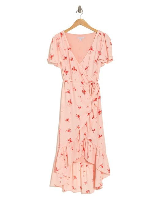 Chelsea28 Pink Flounce Floral Print Chiffon Wrap Dress