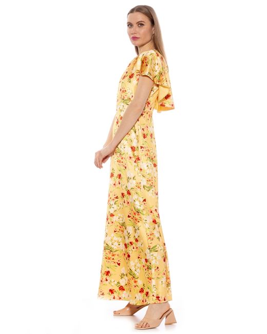 Alexia Admor Yellow Danica Capelet Sleeve Satin Maxi Dress
