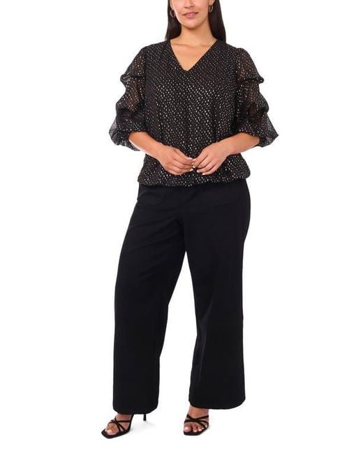 Vince Camuto Black Metallic Dot V-Neck Bubble Sleeve Top