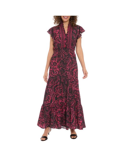 London Times Purple Ruffle Flutter Sleeve Tiered Maxi Dress