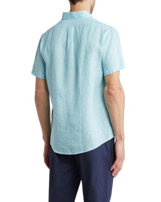 Brooks Brothers Blue Regent Regular Fit Linen Short Sleeve Button-Down Shirt for men
