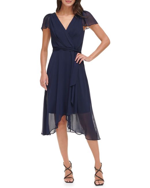DKNY Blue Cap Sleeve Midi Faux Wrap Dress