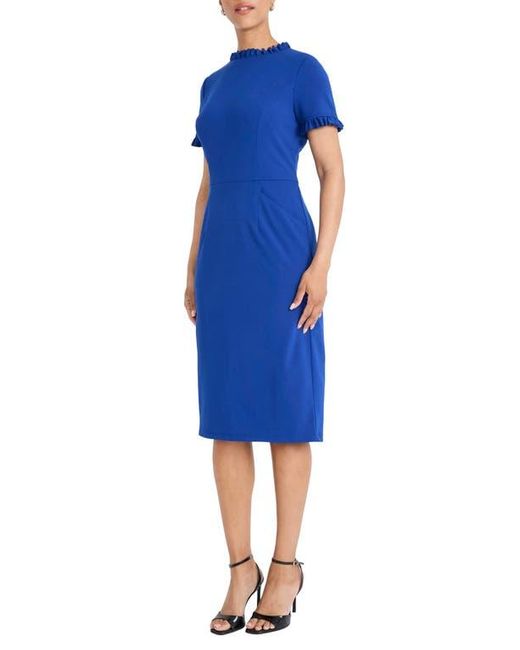 Maggy London Blue Ruffle Short Sleeve Pocket Sheath Dress
