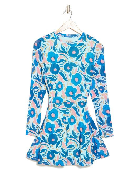 Original Penguin Blue Papercut Floral Long Sleeve Mesh Fit & Flare Dress