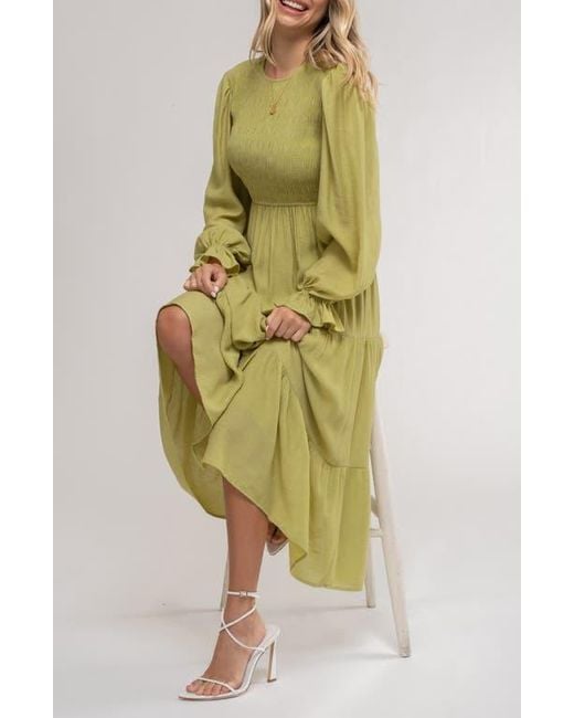 AUGUST SKY Yellow Smocked Long Sleeve Tiered Dress