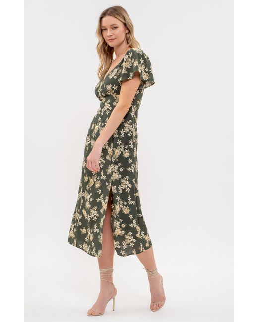 Blu Pepper Green Floral Print Side Slit Midi Dress