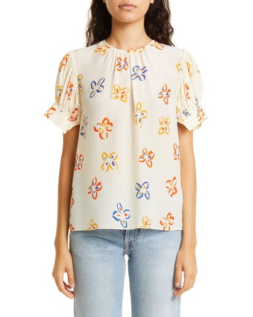 Rebecca Taylor White Flame Floral Print Puff Sleeve Silk Blouse