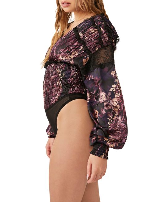 Free People Red Worth The Wait Floral Long Sleeve Bodysuit
