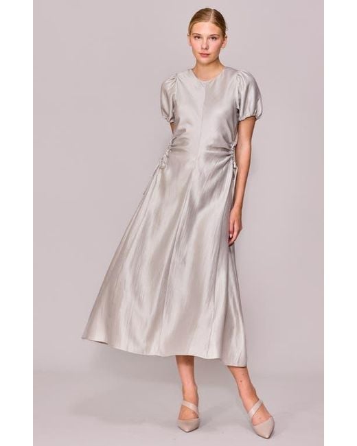 MELLODAY Pink Side Cutout Puff Sleeve Midi Dress