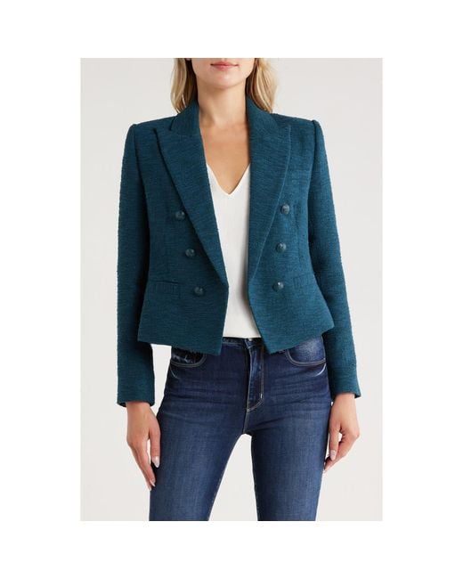 L'Agence Blue Brooke Double Breasted Crop Cotton Blend Blazer