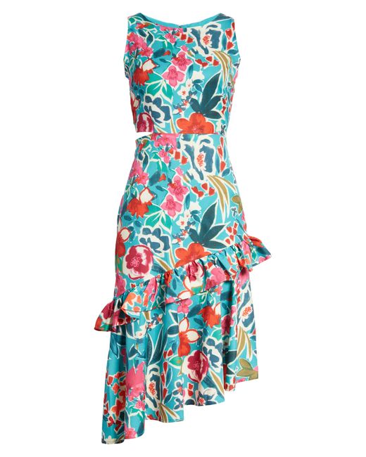 Sam Edelman Blue Tropical Ruffle Cutout Midi Dress