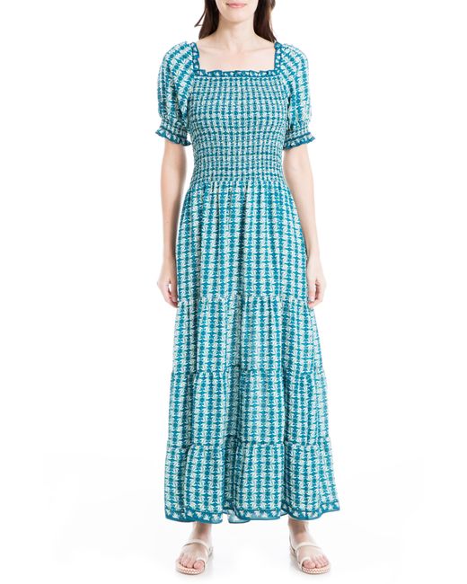 Max Studio Max Studio Printed Smocked Bodice Tiered Maxi Dress In Teal Criss Cross Floral At 