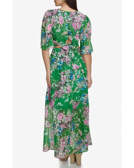 Kensie Green Floral Clip Dot Chiffon Two-piece Dress