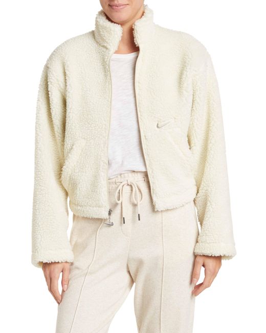 nsw plush faux fur jacket in black & fossil nike