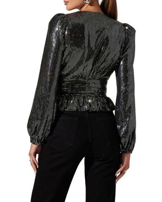 Astr Black Metallic Sequin Long Sleeve Peplum Top