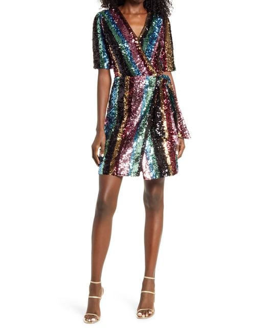 Harlyn Multicolor Rainbow Sequin Cocktail Wrap Dress In Multi At Nordstrom Rack