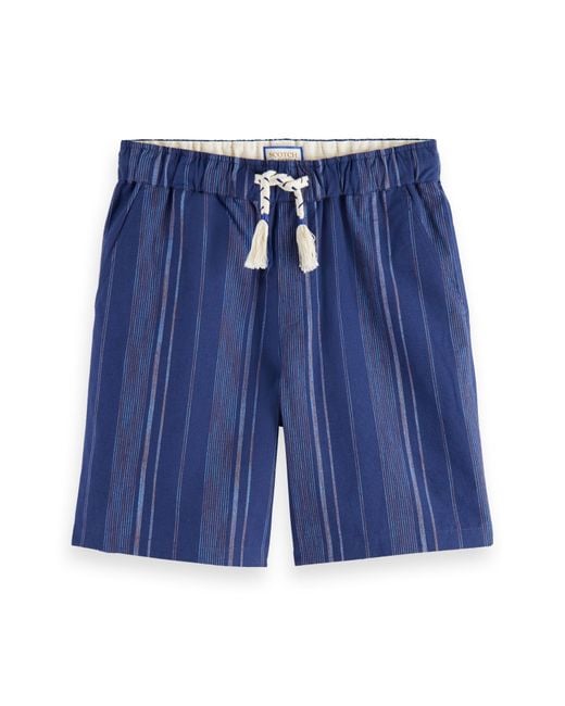 Scotch & Soda Blue Stripe Tie Waist Cotton & Linen Shorts for men