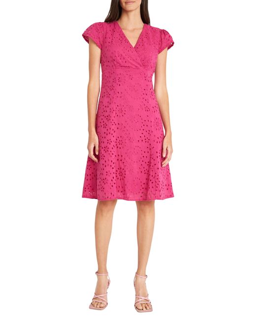 Maggy London Pink Embroidered Eyelet Cap Sleeve Fit & Flare Dress