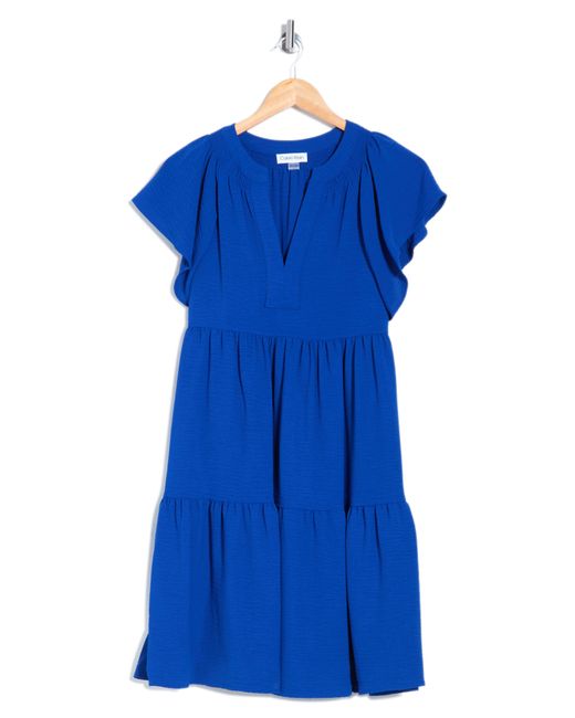 Calvin Klein Blue Aerowash Split Neck Tiered Dress
