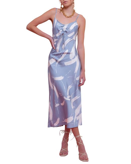 Blu Pepper Blue Brushstroke Satin Midi Dress