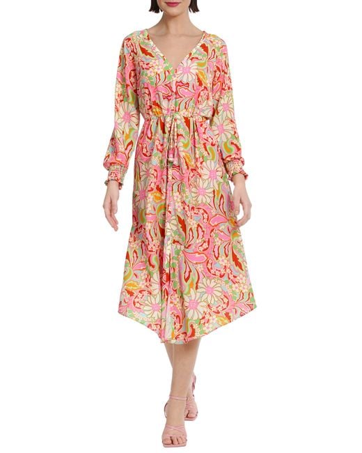 DONNA MORGAN FOR MAGGY Red Floral Long Sleeve Button Front Maxi Dress