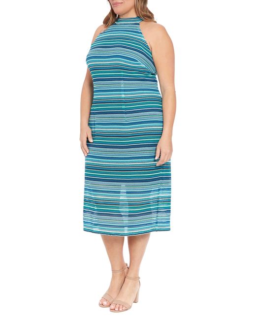 London Times Blue Stripe Halter Neck Knit Midi Dress