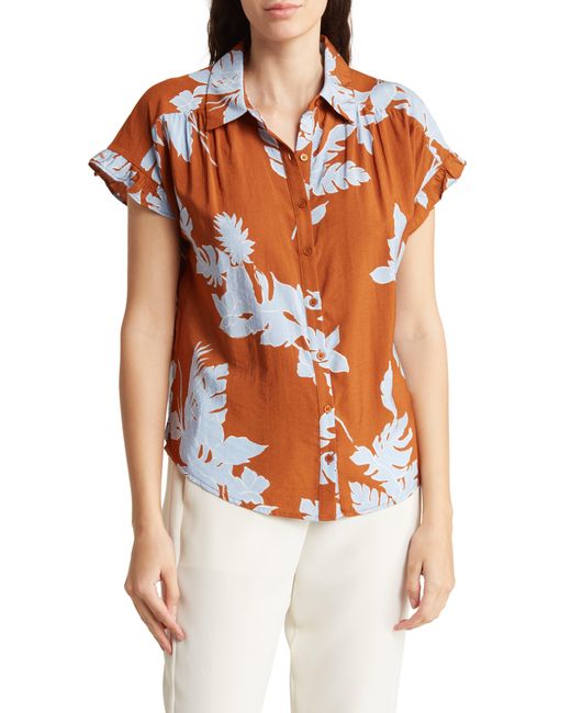 Pleione Orange Crinkle Ruffle Sleeve Camp Shirt