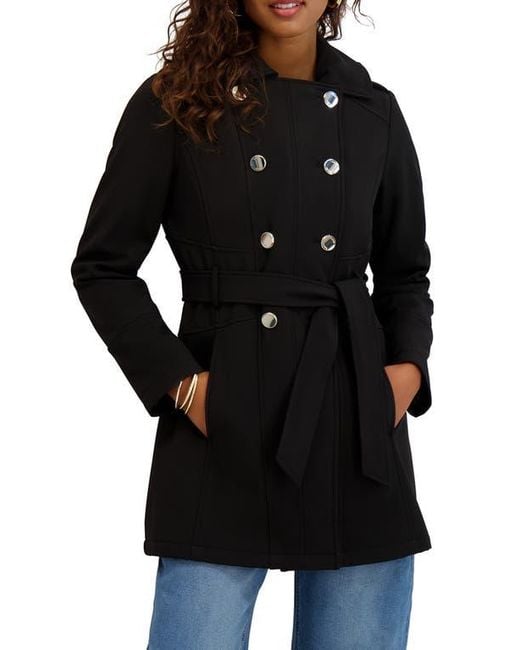 Kensie Black Hooded Double Breasted Soft Shell Jacket