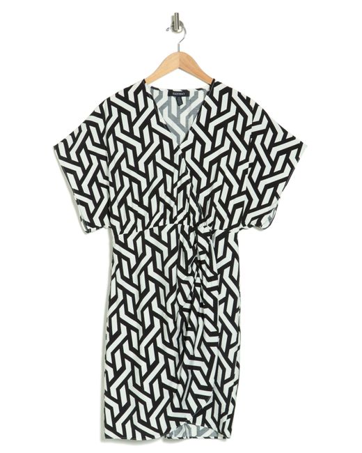 Ellen Tracy Black Geo Print Short Sleeve Faux Wrap Dress