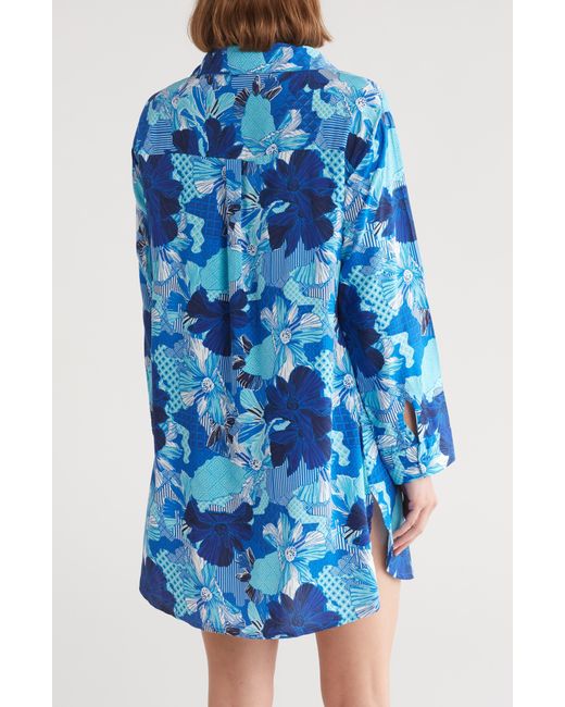 Boho Me Blue Floral Print Button-up Cover-up Shirt