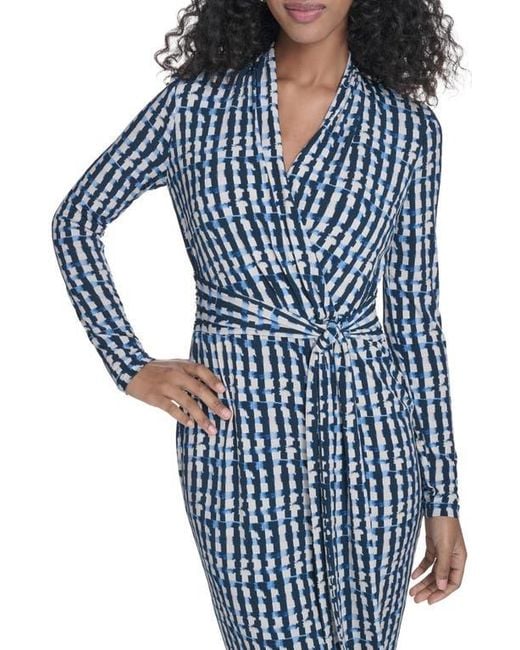 Calvin Klein Blue Long Sleeve Tie Waist Faux Wrap Dress