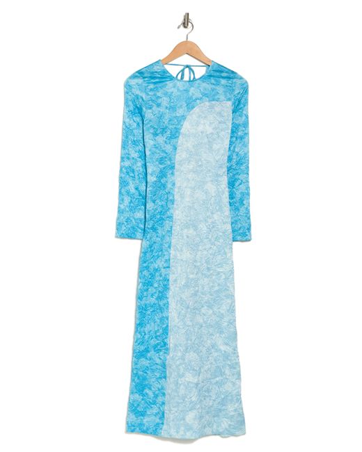 Ganni Blue Crinkled Long Sleeve Satin Maxi Dress