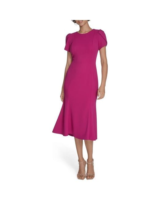 Calvin Klein Women's Purple Tulip Sleeve Crepe A-Line Midi Dress