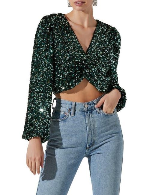 Astr Blue Nix Twist Sequin Crop Top