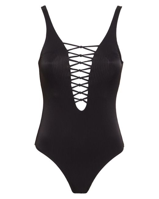 Nicole Miller Black Rib Lace-up One-piece Swimsuit