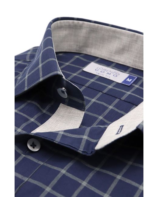 Lorenzo Uomo Blue Trim Fit Windowpane Cotton Dress Shirt for men