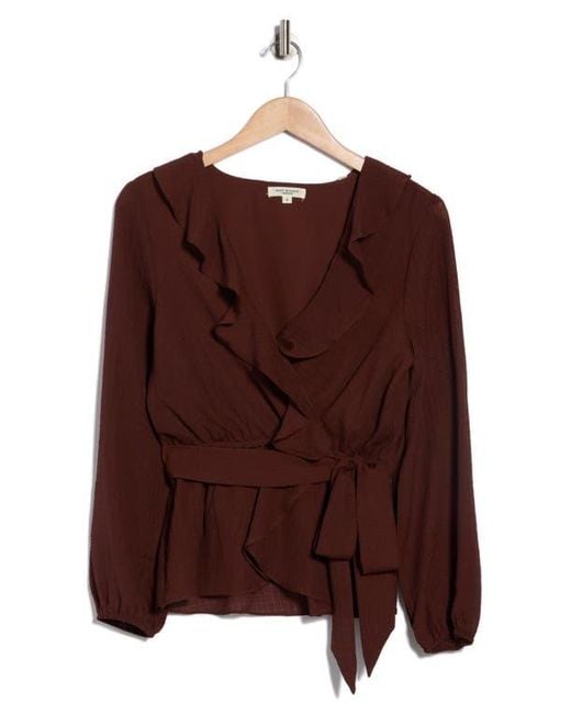 Max Studio Brown Ruffle Long Sleeve Faux Wrap Top