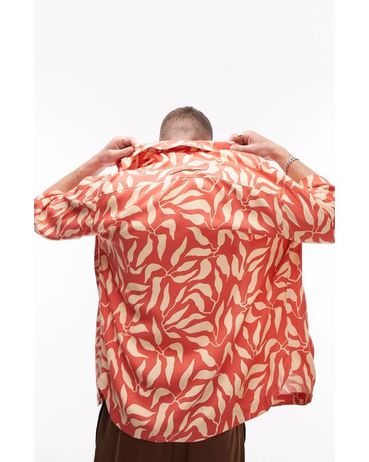 Topman Red Leaf Print Revere Short Sleeve Shirt for men