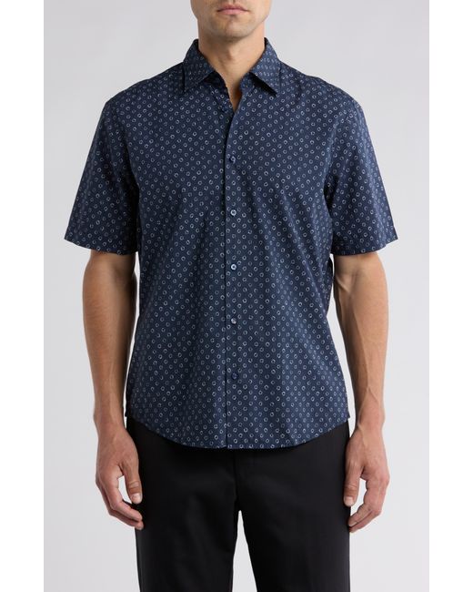 Boss Blue Rash Print Cotton Short Sleeve Button-up Shirt for men